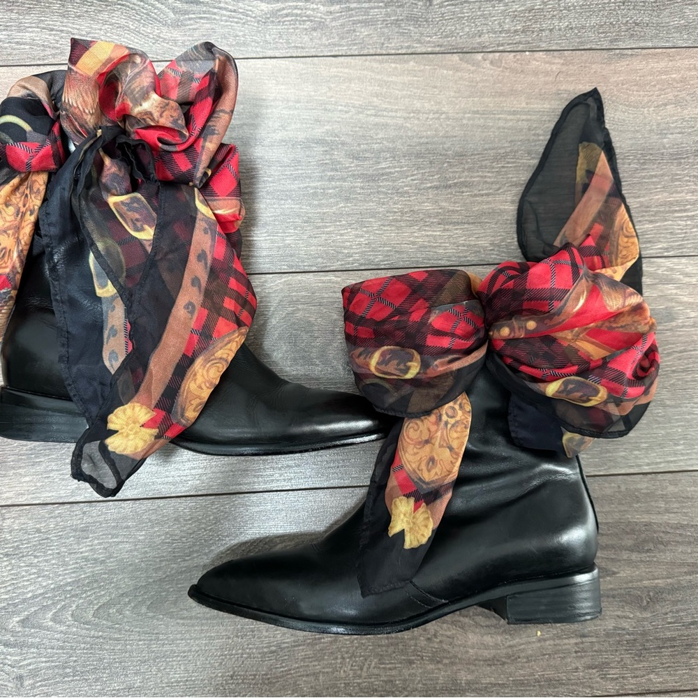 Maison Martin Margiela Black Leather Ankle Boots with Red & Brown Scarf Detail